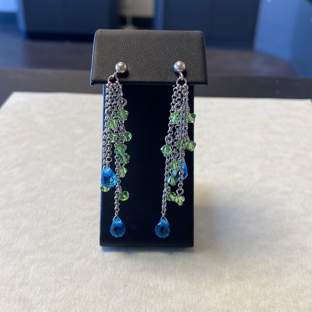 Sterling silver 925 blue topaz & peridot beaded chain drop earrings